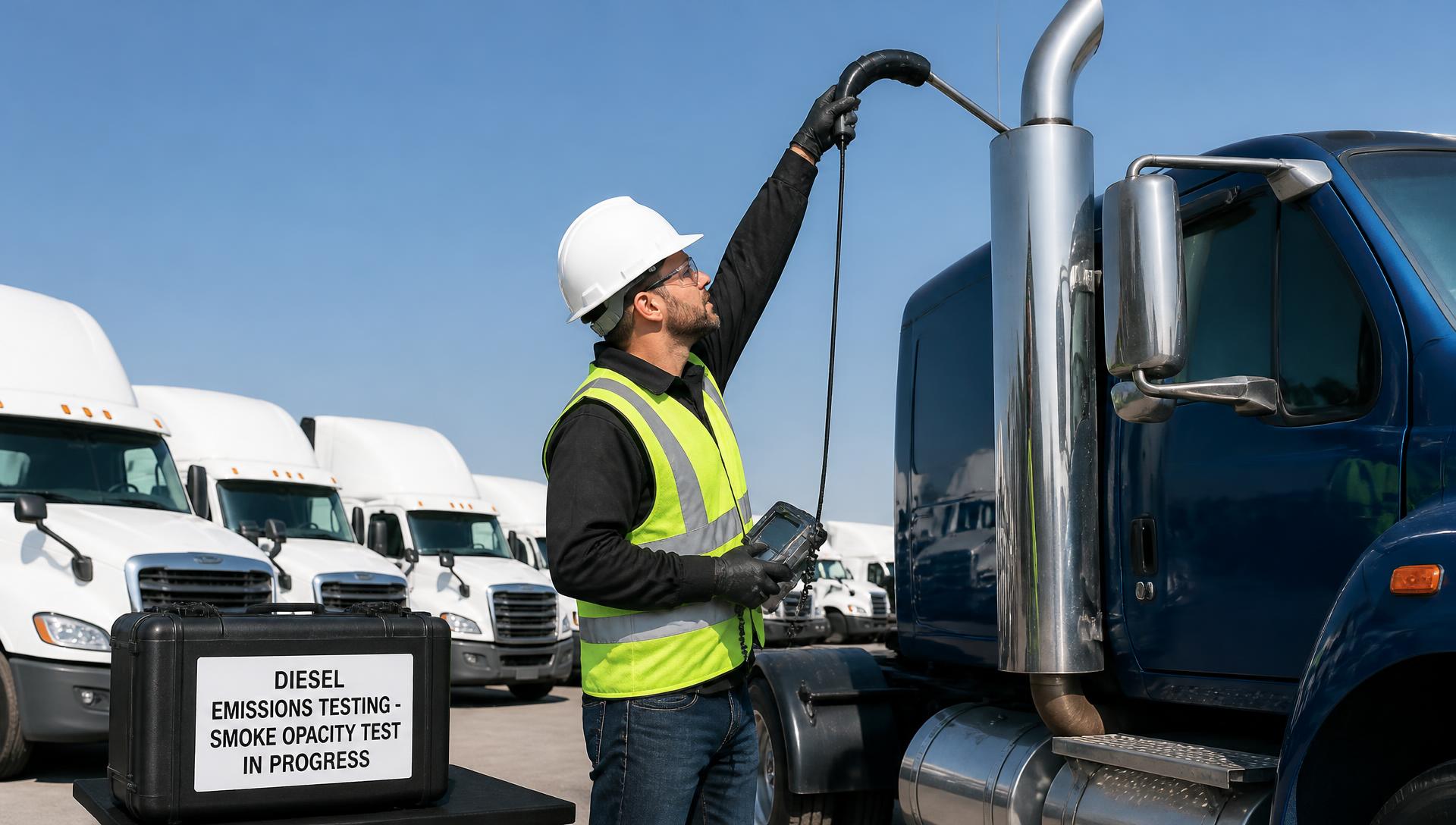 Tester holding a smoke meter probe at the outlet of a heavy-duty diesel exhaust stack at a fleet yard